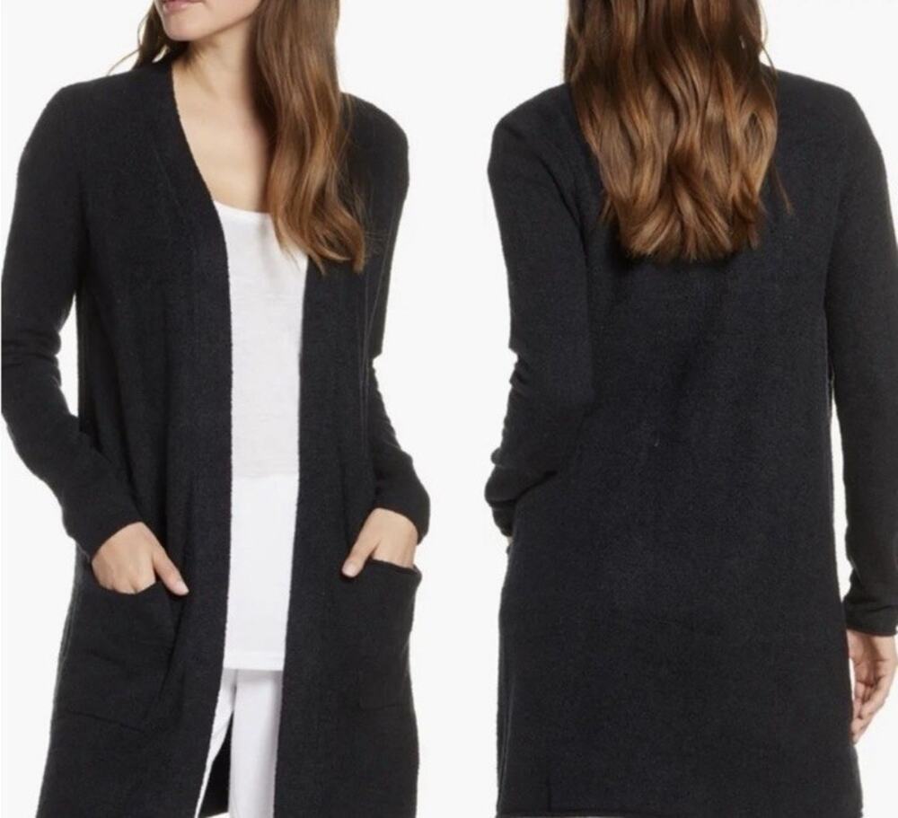 Barefoot Dreams CozyChic Ultra Lite Size Medium Long Cardigan Black Pockets